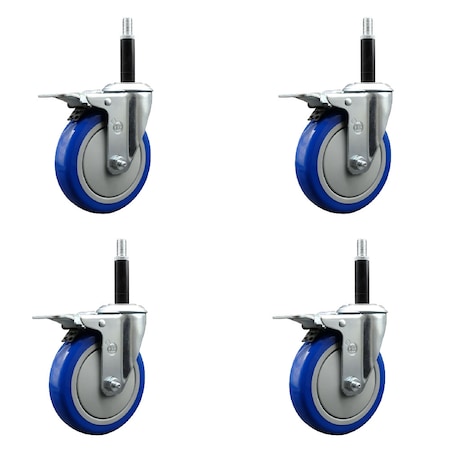 Service Caster 5'' Blue Poly Swivel 3/4'' Expanding Stem Caster Set Total Lock Brake, 4PK SCC-EXTTL20S514-PPUB-BLUE-34-4
